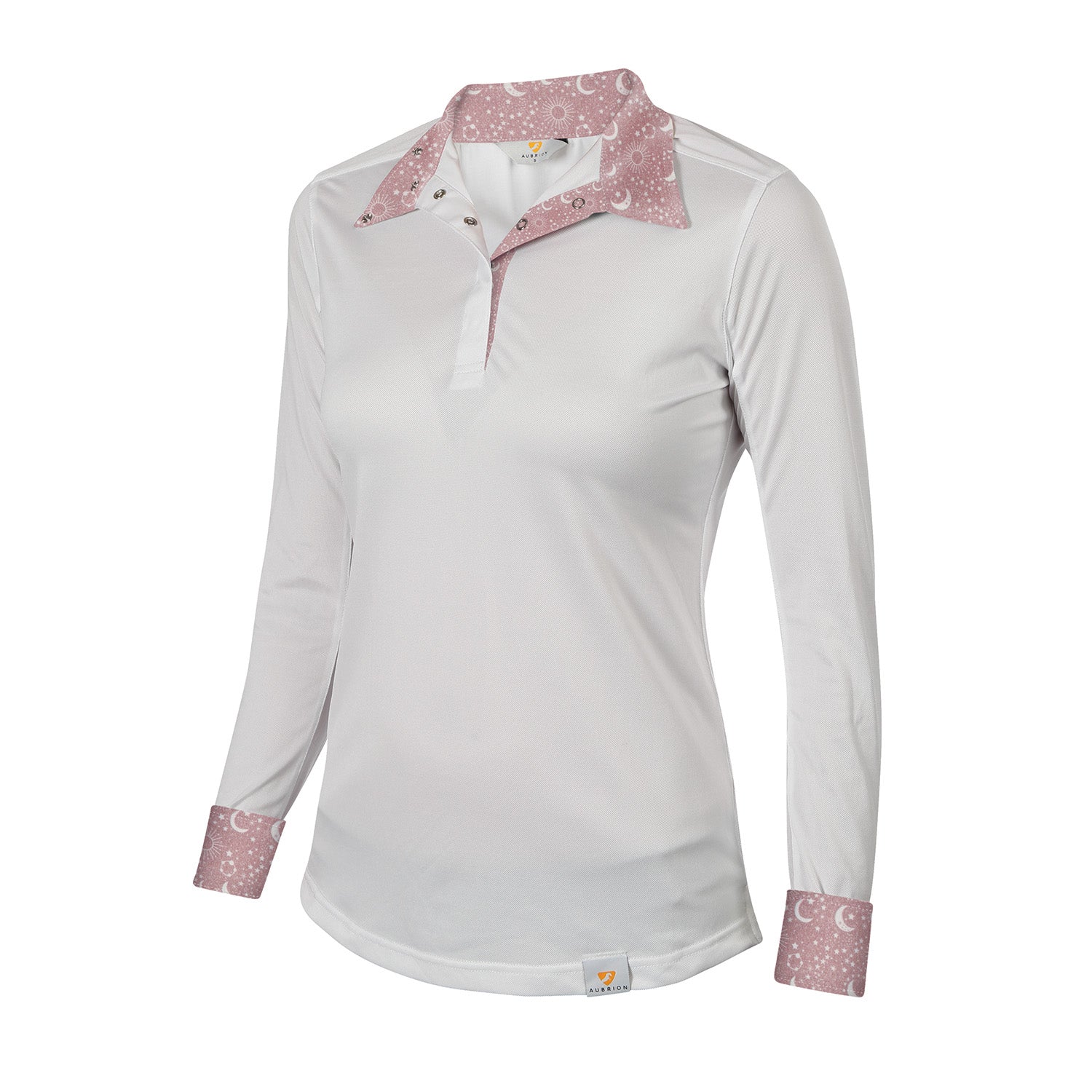 White long-sleeve shirt with pink patterned collar and cuffs on a white background