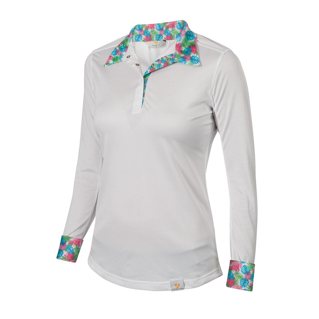 White long-sleeve shirt with colorful floral collar and cuffs on a white background