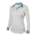 White long-sleeve shirt with colorful floral collar and cuffs on a white background