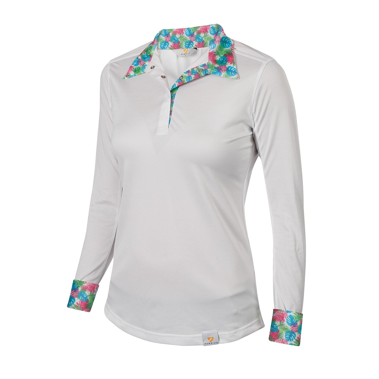 White long-sleeve shirt with colorful floral collar and cuffs on a white background