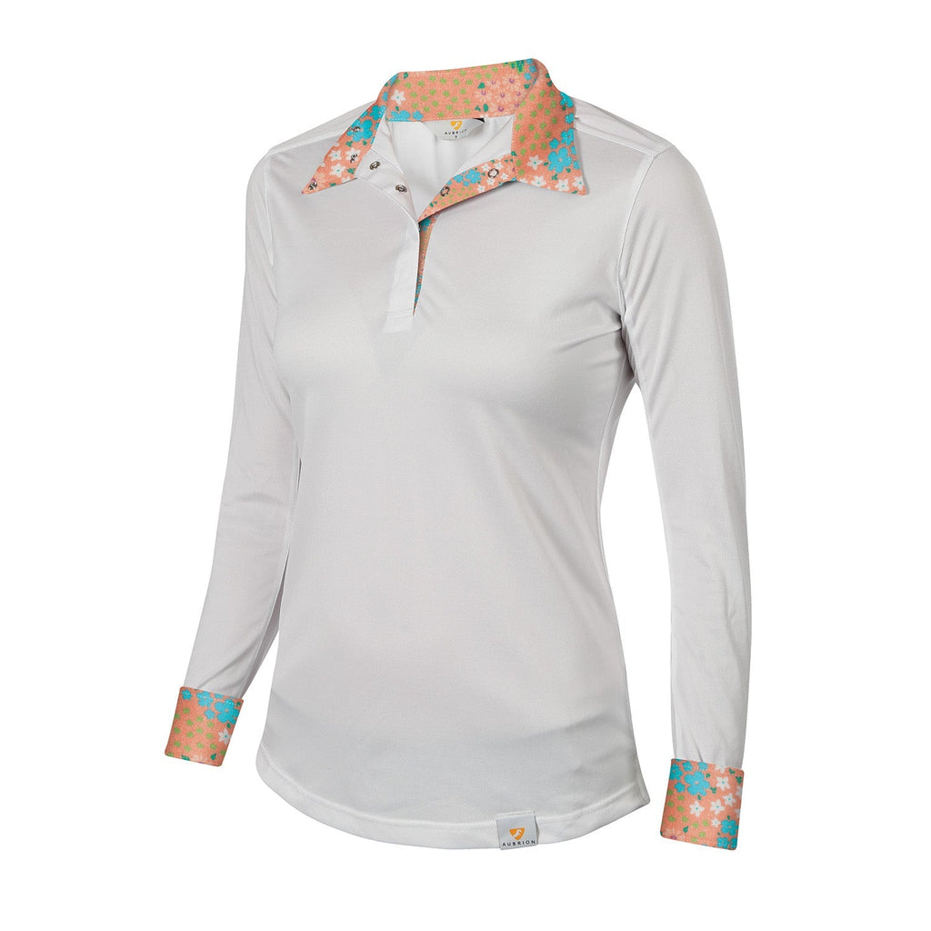 White long-sleeve shirt with floral collar and cuffs on a white background
