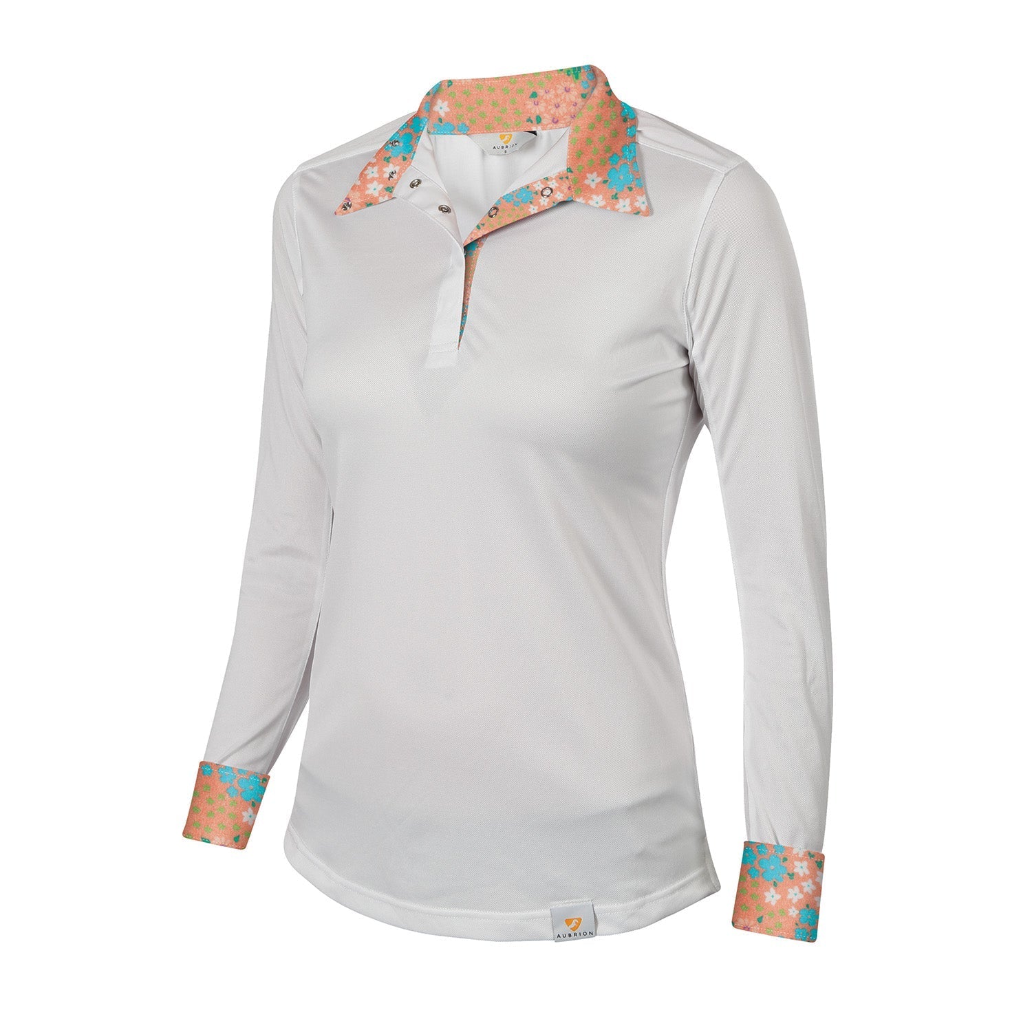 White long-sleeve shirt with floral collar and cuffs on a white background
