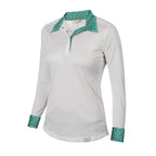 White long-sleeve shirt with green patterned collar and cuffs on a white background