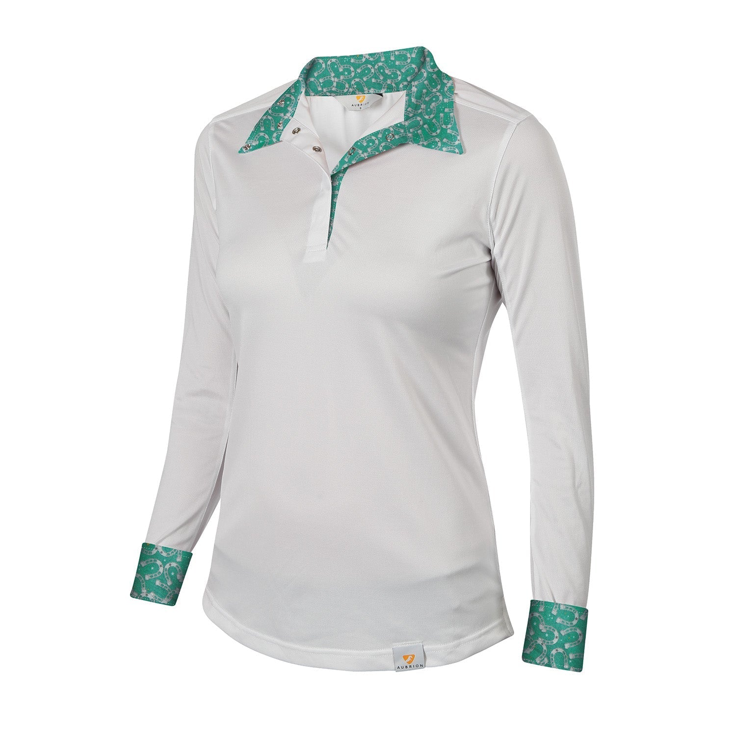 White long-sleeve shirt with green patterned collar and cuffs on a white background