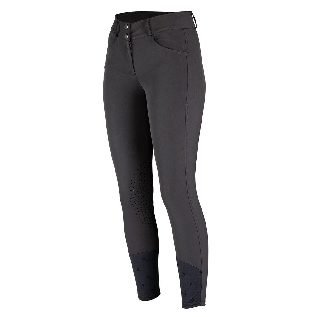 Dark gray riding pants with black accents on a white background