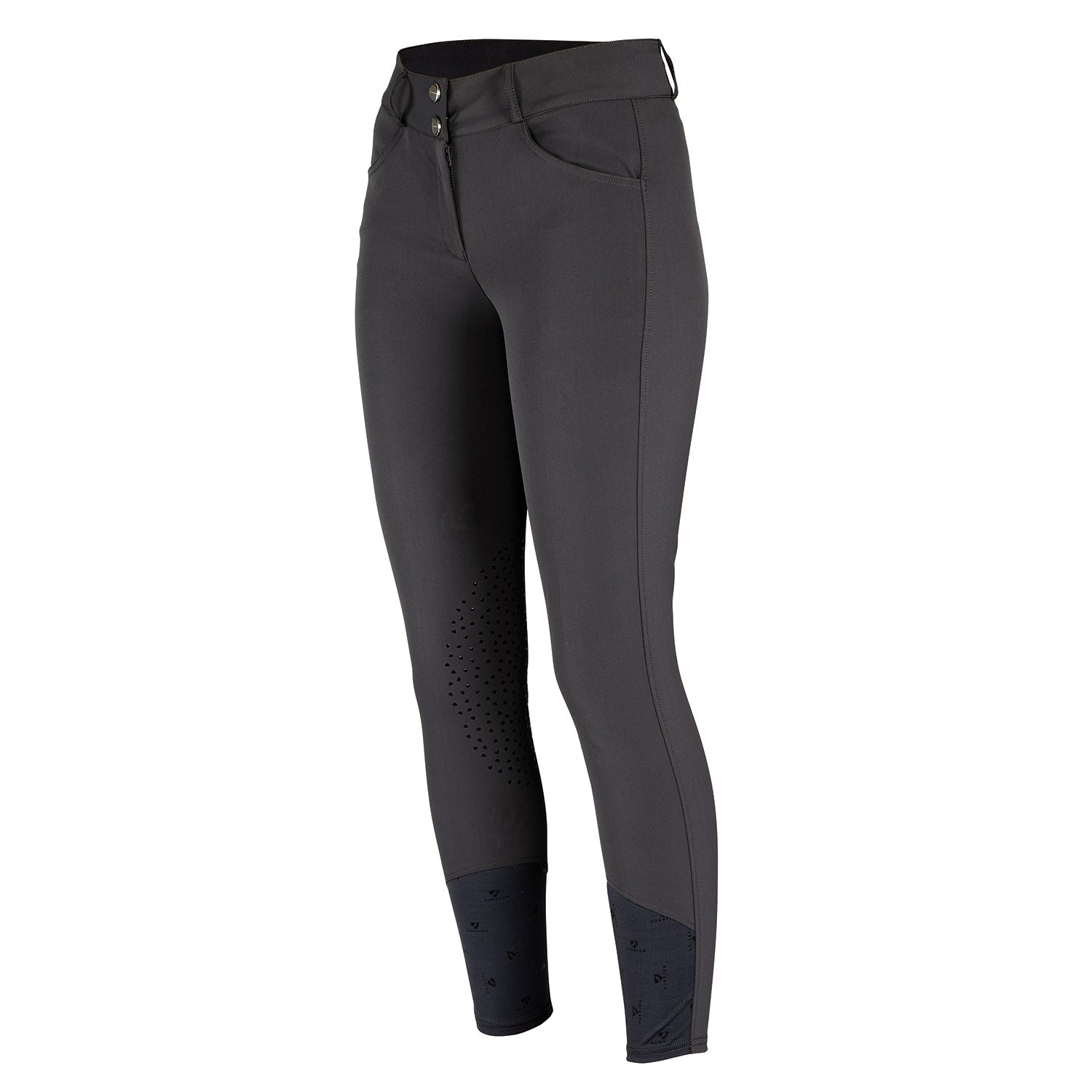 Dark gray riding pants with black accents on a white background