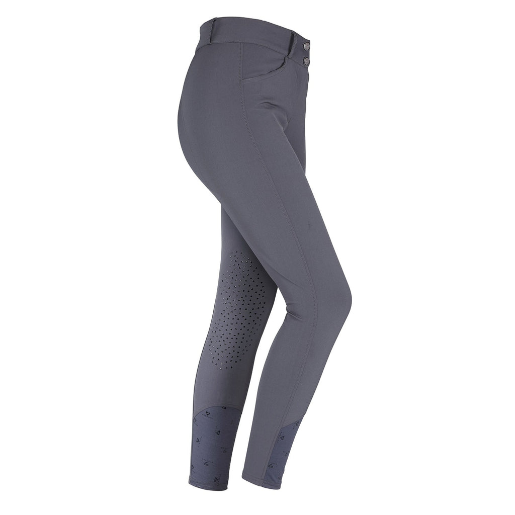Gray riding pants with patterned leg design on a white background