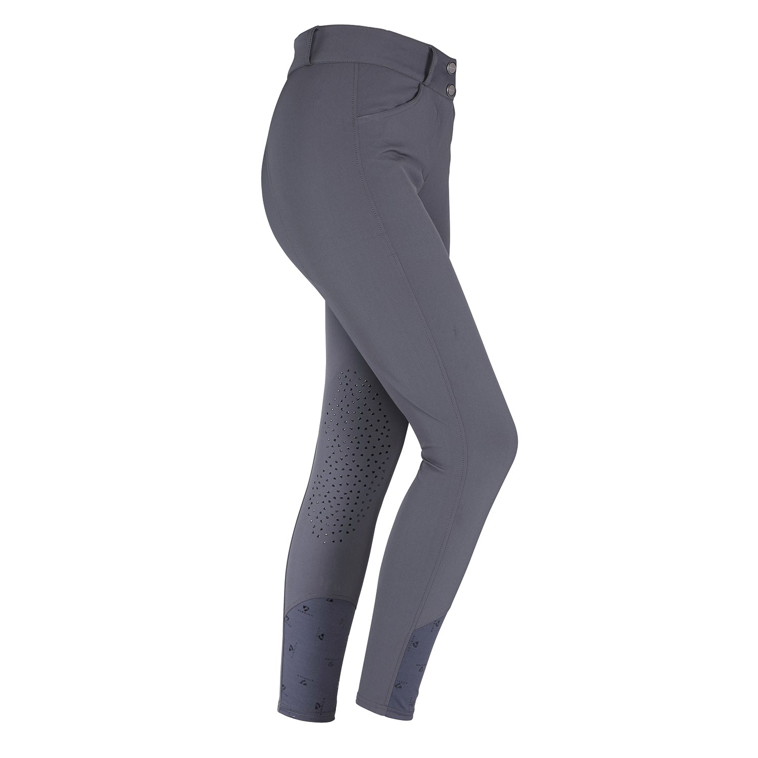 Gray riding pants with patterned leg design on a white background