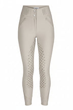 Beige riding pants with patterned leg design on a white background