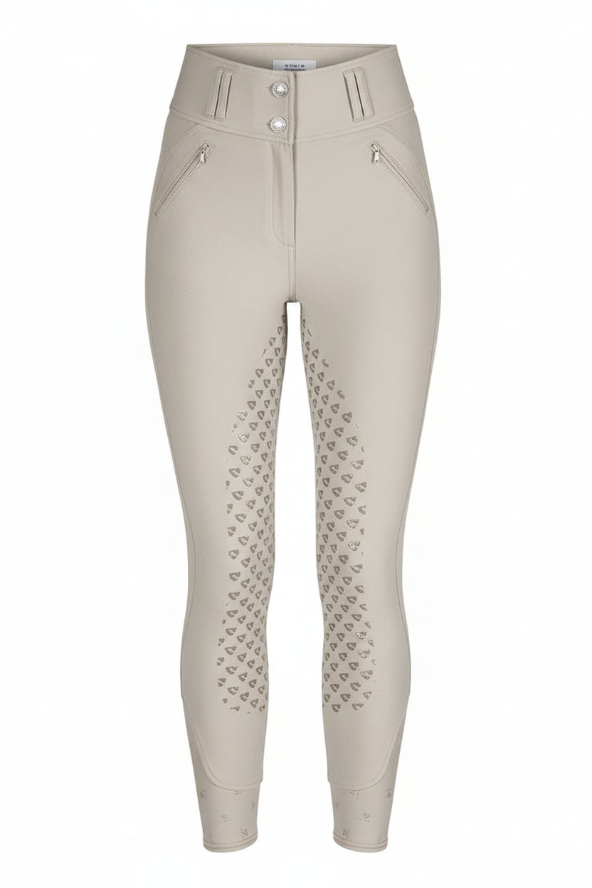 Beige riding pants with patterned leg design on a white background