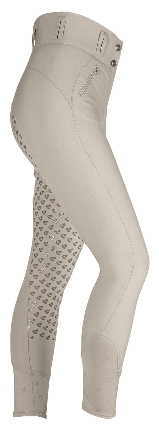 Beige riding pants with patterned leg design on a white background