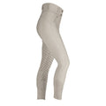 Beige riding pants with patterned panels on a white background