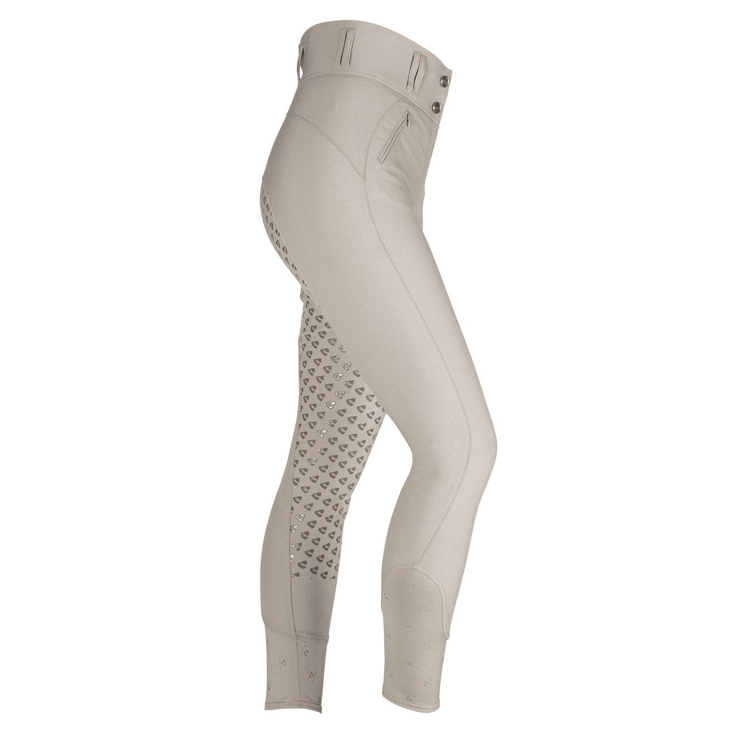 Beige riding pants with patterned panels on a white background