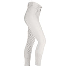 White riding pants with patterned panels on a white background