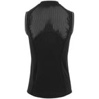 Black sleeveless athletic top with mesh back on a white background