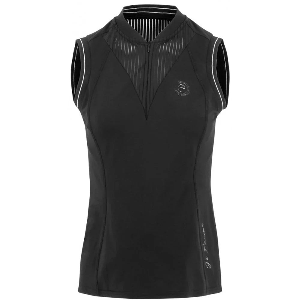 Black sleeveless athletic top with mesh panels on a white background