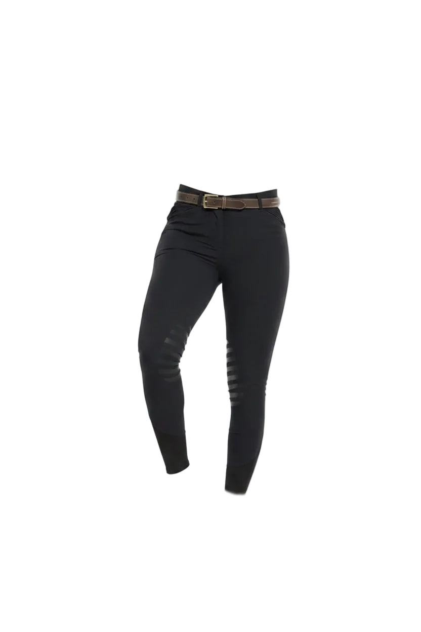 Person wearing black leggings with a belt on a white background