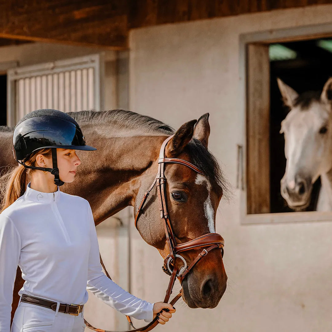 Woman in equestrian attire standing next to a brown horse in a stable.
