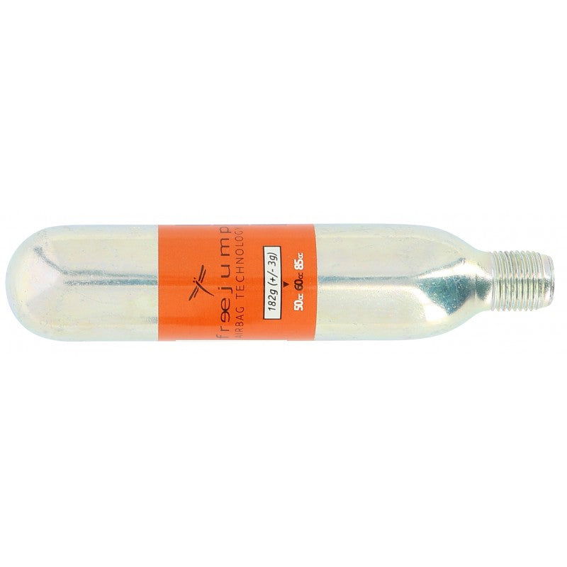 CO2 cartridge with orange label on a white background