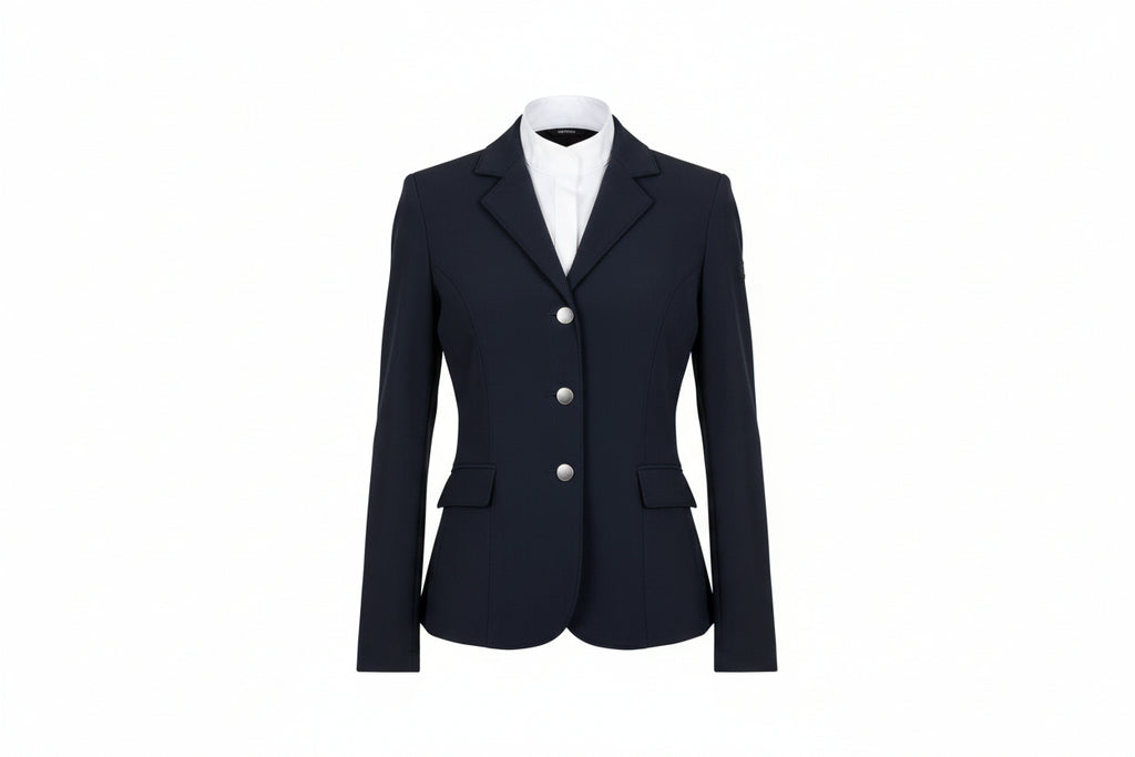 Navy airbag-compatible equestrian show jacket with white shirt on a white background