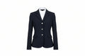 Navy airbag-compatible equestrian show jacket with white shirt on a white background