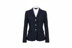 Navy airbag-compatible equestrian show jacket with white shirt on a white background