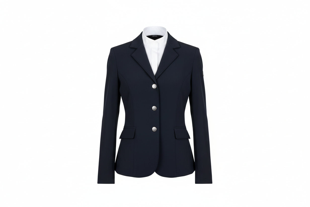 Navy airbag-compatible equestrian show jacket with white shirt on a white background