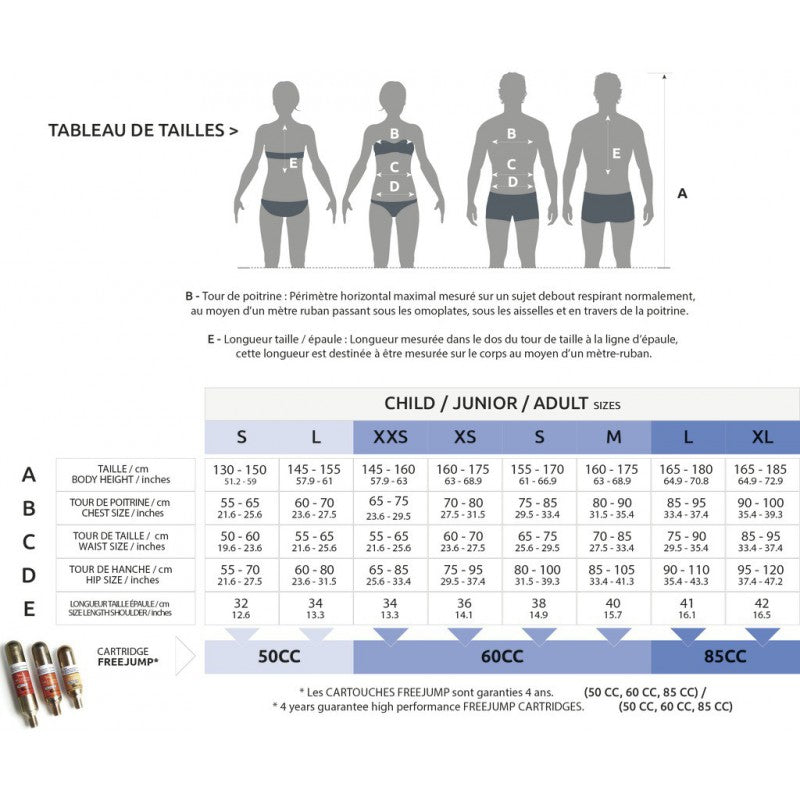 Size chart for children, juniors, and adults with corresponding measurements and product information.