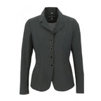 Dark gray blazer with button details on a white background