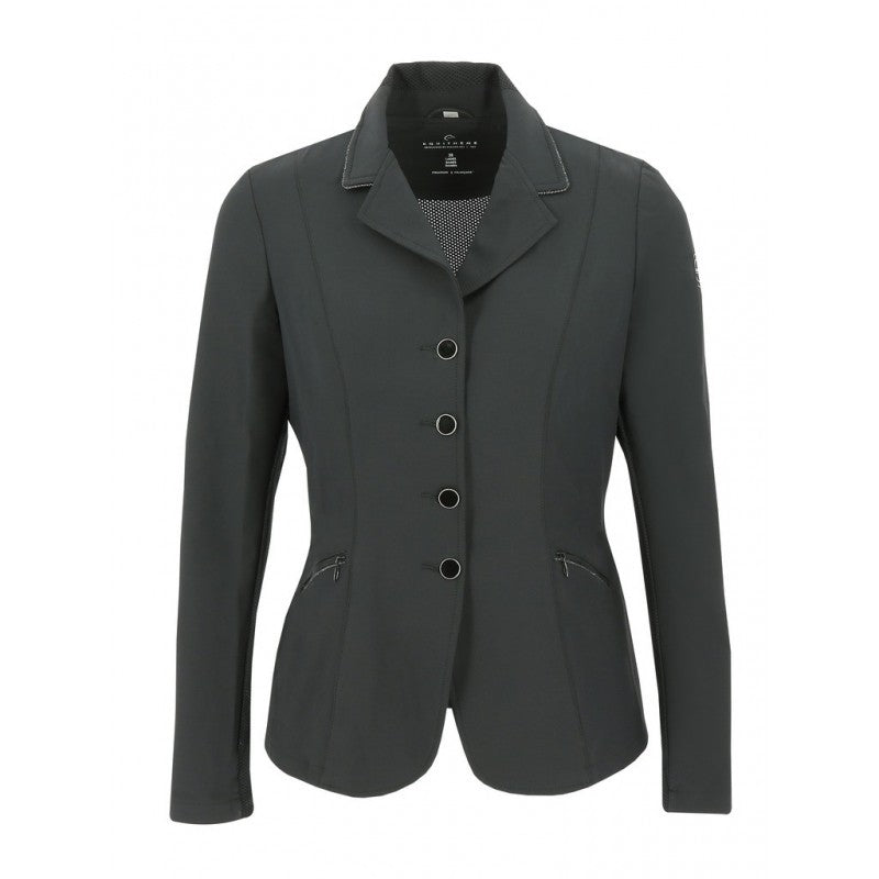 Dark gray blazer with button details on a white background