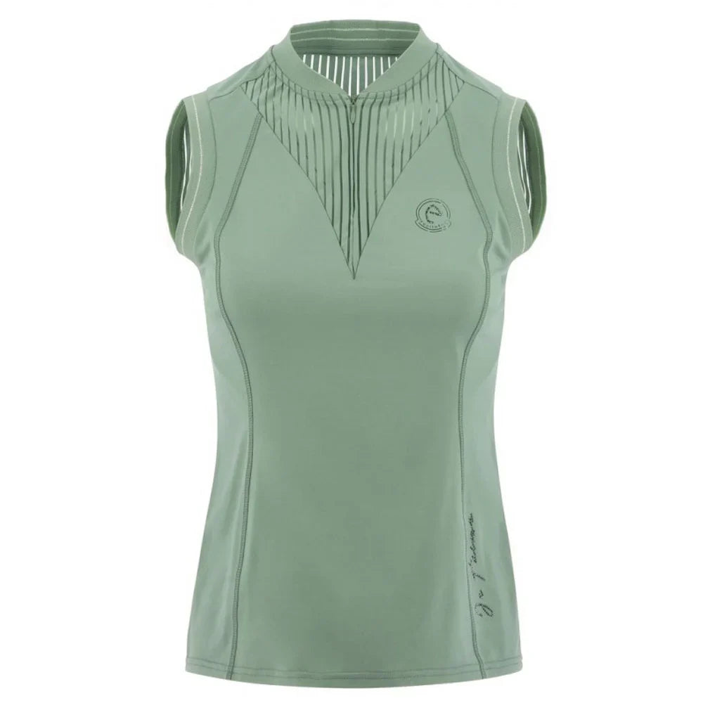 Green sleeveless top with a brand logo on a white background