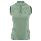 Green sleeveless top with a brand logo on a white background