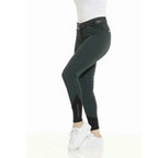 Dark green riding pants with a belt on a white background