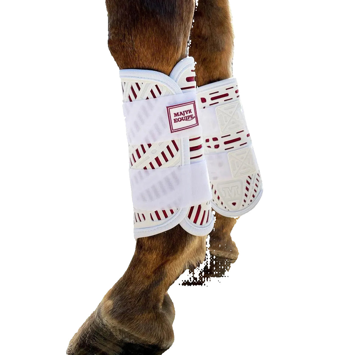 Horse leg with protective white wraps in an outdoor setting