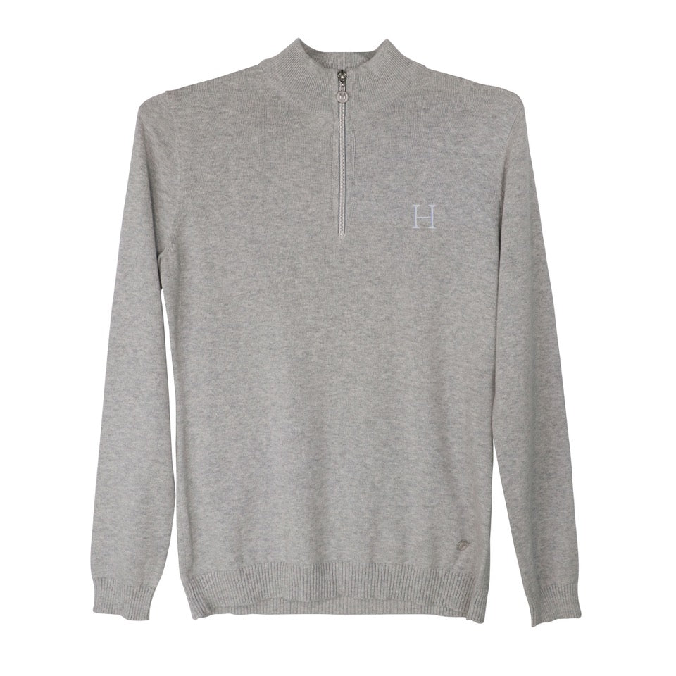Gray quarter-zip sweater with a logo on a white background