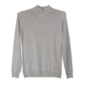 Gray quarter-zip sweater with a logo on a white background