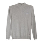 Gray quarter-zip sweater with a logo on a white background
