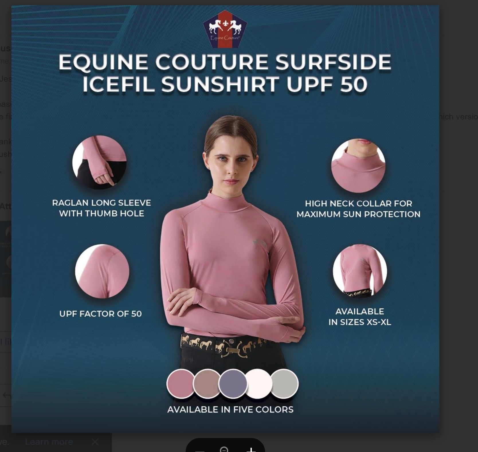 Pink sunshirt with features and color options on a blue background