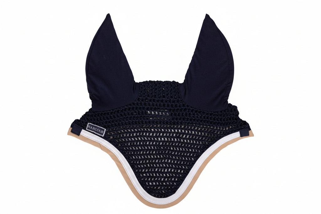 Navy blue equestrian fly bonnet with mesh design on a light gray background