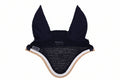 Navy blue equestrian fly bonnet with mesh design on a light gray background