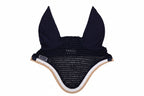 Navy blue equestrian fly bonnet with mesh design on a light gray background