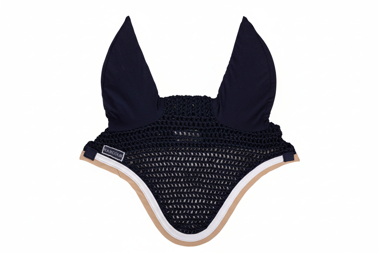 Navy blue equestrian fly bonnet with mesh design on a light gray background
