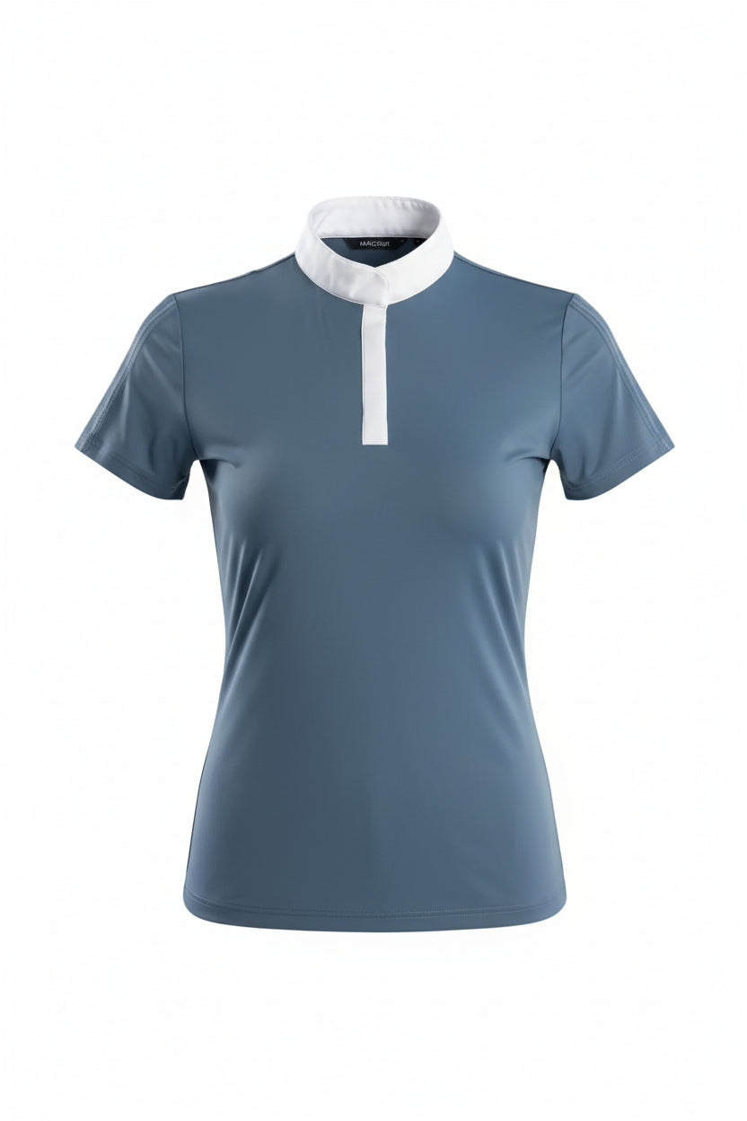 Blue sshow jumping hirt with white collar on a white background