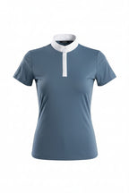 Blue sshow jumping hirt with white collar on a white background