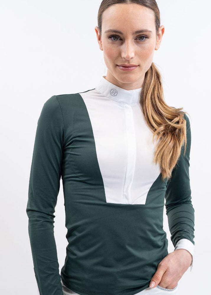 women's green long sleeve equestrian show shirt with white bib, collar, and cuffs.