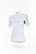 Woman wearing a white short-sleeve shirt with a collar on a white background