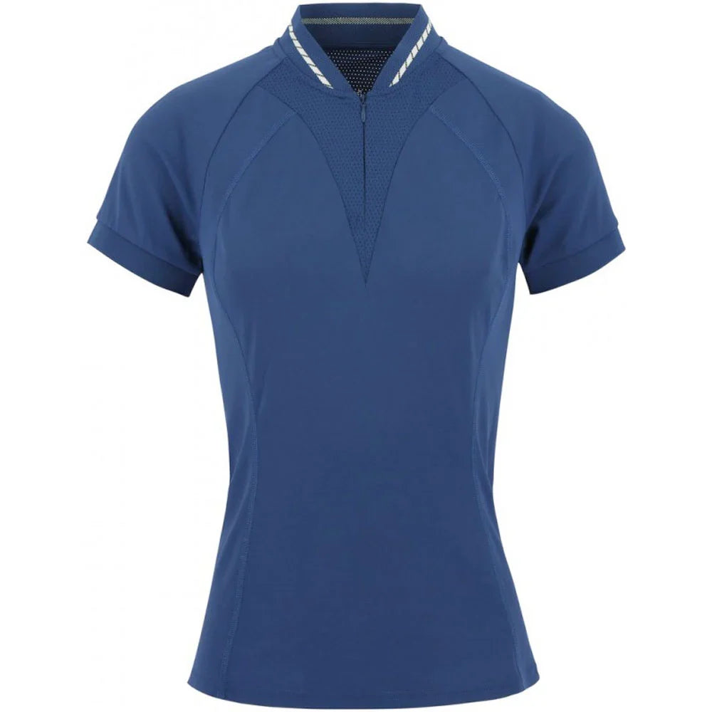 Blue athletic shirt with a zipper on a white background