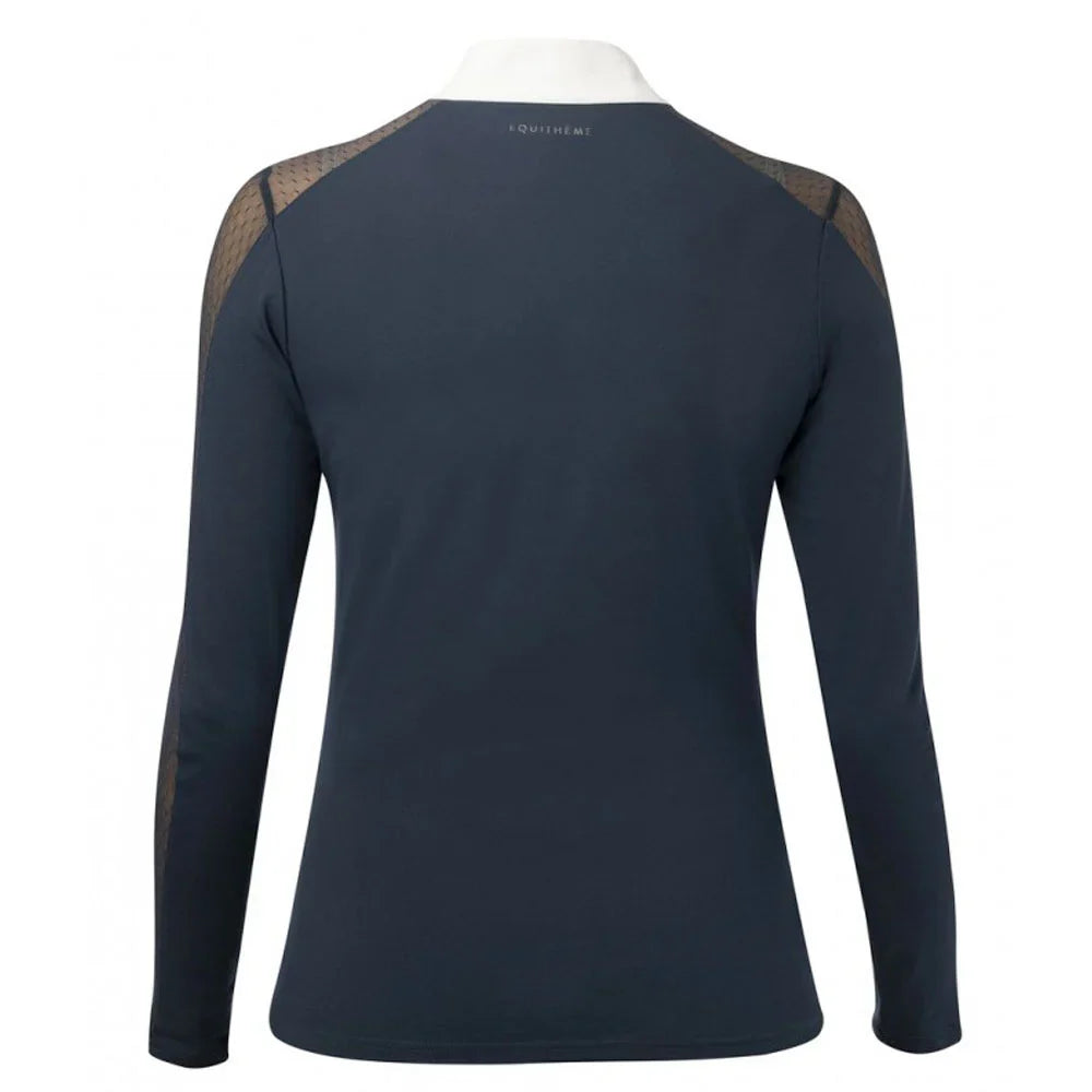 Navy long-sleeve shirt with mesh panels on shoulders on a white background