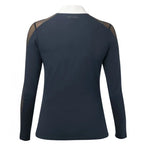Navy long-sleeve shirt with mesh panels on shoulders on a white background