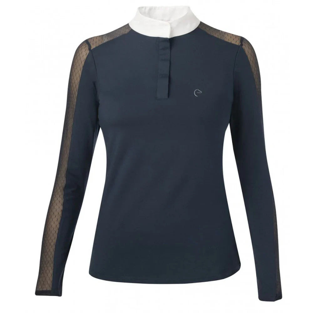 Navy long-sleeve shirt with mesh sleeves on a white background